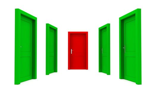 abstract hallway with four green doors - one red door at the end of the corridor