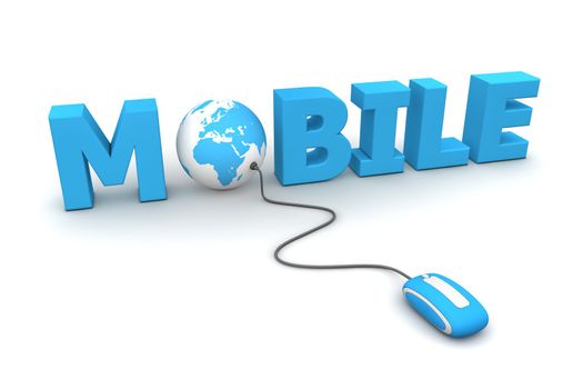 modern blue computer mouse connected to the blue word Mobile - the letter O is replaced by a globe