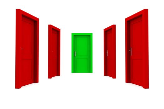 abstract hallway with four red doors - one green door at the end of the corridor