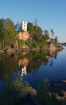 Russia Vyborg, park Monrepo, a chapel on island, early morning