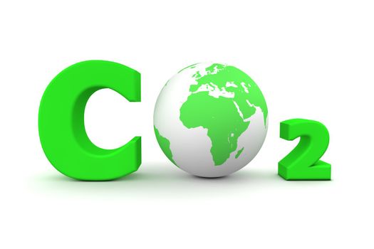 chemical symbol CO2 for carbon dioxide in green - a globe is replacing the letter o