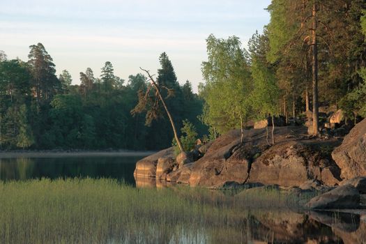 Russia, Vyborg, the Vyborg gulf. A landscape with a water table early in the morning