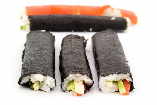 Cooking sushi. Diverse half-finished products on a white background