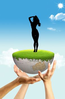 A girl standing on globe which holds three hands