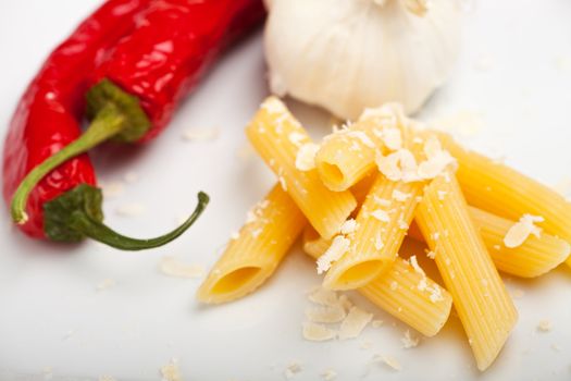 rigatoni pasta with parmesan cheese, garlic and chili