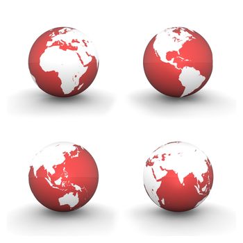 four views of a 3D globe with white continents and a shiny red ocean