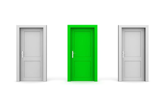 line of three doors - two grey and one green door - door and door frame, no walls - all doors closed