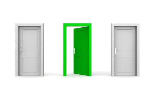 line of three doors - two grey and one green door - door and door frame, no walls - two doors closed, the green one is open