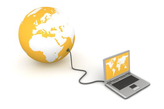 laptop wired to a yellow-orange 3D globe - white land, yellow-orange ocean