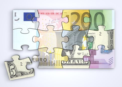 mixed dollar and euro note puzzle from top with a single separate dollar piece