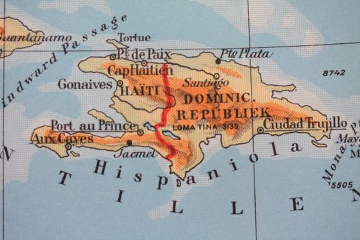 A vintage 1956 map of the island Haiti and Dominican Repulblic