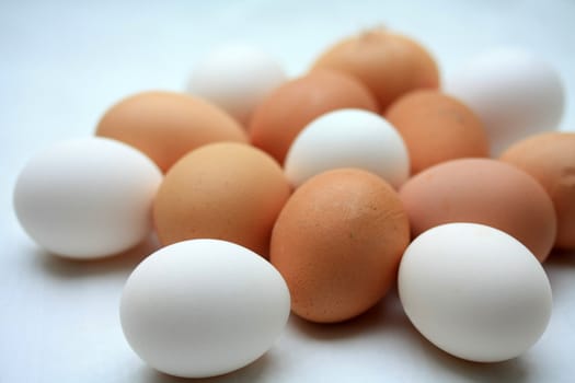 A collection of fresh white and brown eggs