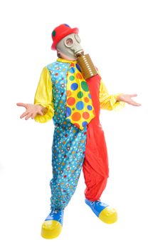 a man in a clown costume wearing a gasmask on a white background