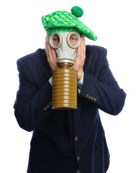 Man wearing a suit and gas mask on a white background