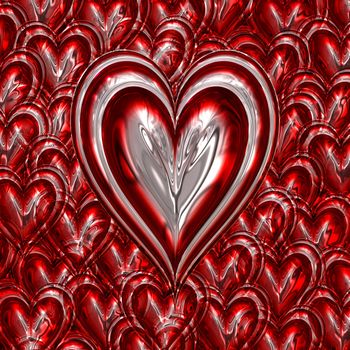 red and silver metallic loveheart on heart background
