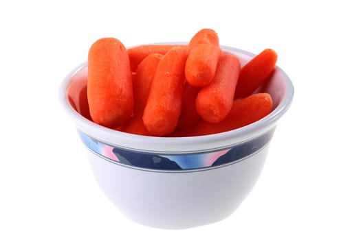 Small carrot as a light meal in a soup plate on a white background.