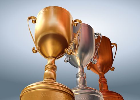 rendered three cups (gold, silver, bronze) on bluе background