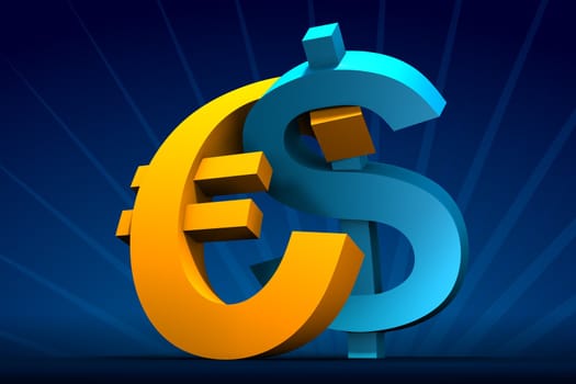 Rendered Dollar and Euro symbols embrace on dark-blue with rays on back