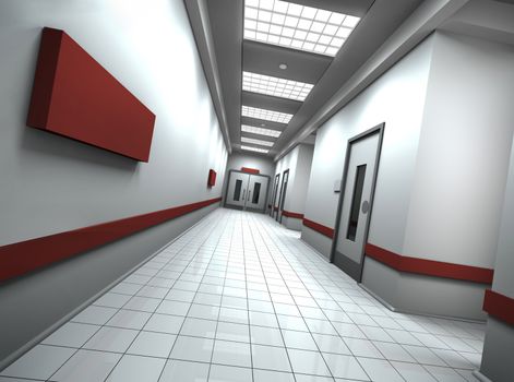 Hospital/office corridor with empty sign on the wall. 3D rendered image.

