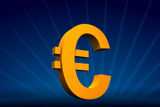 Rendered yellow Euro symbol on dark-blue with rays on back