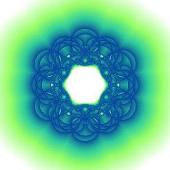 An abstract illustration done blue and green on a white background in the shape of a mandala.