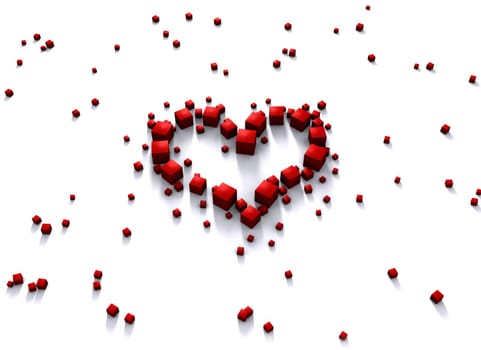 Rendered red heart made of cubes on white