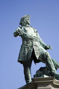 Statue of former Vice-Admiral in the Danish-Norwegian Navy, Peter Jansen Wessel (1690 - 1720), better known as Tordenskiold, in Oslo, Norway. The statue has been moved several times, but is now located at Rådhusplassen i Oslo - close to Akershus fortress. It was made by Anders Enders.