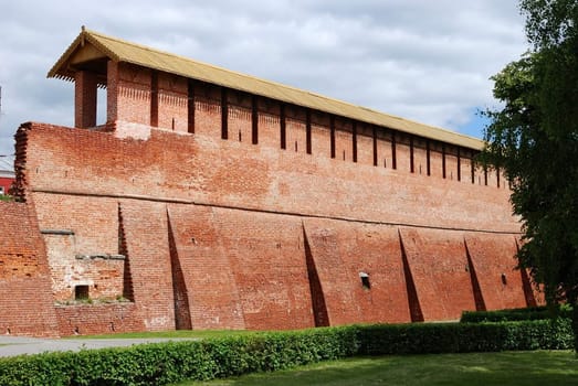 Partly reconstructed brick wall of old fortress in Kolomna town near Moscow, Russia (horizontal version)