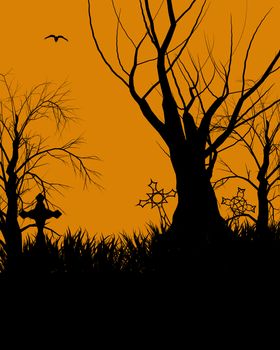 A  black halloween illustration silhouette on an orange background