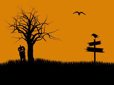 A  black halloween illustration silhouette on an orange background