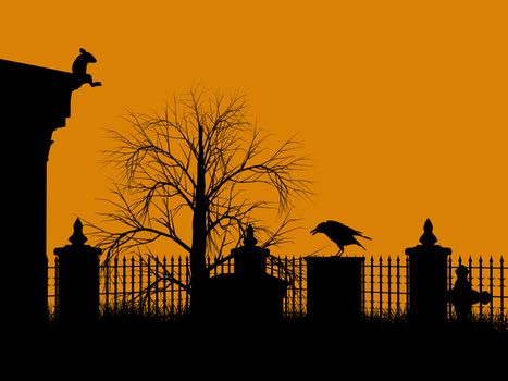 A  black halloween illustration silhouette on an orange background