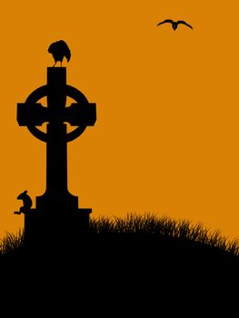 A  black halloween illustration silhouette on an orange background