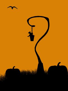 A  black halloween illustration silhouette on an orange background