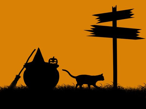 A  black halloween illustration silhouette on an orange background