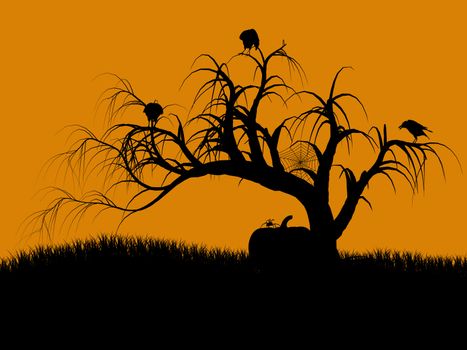 A  black halloween illustration silhouette on an orange background