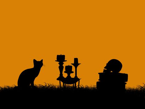 A  black halloween illustration silhouette on an orange background