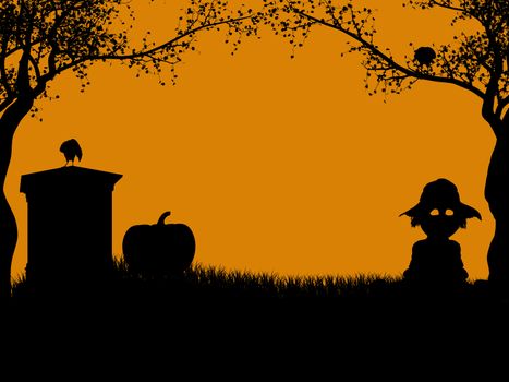 A  black halloween illustration silhouette on an orange background