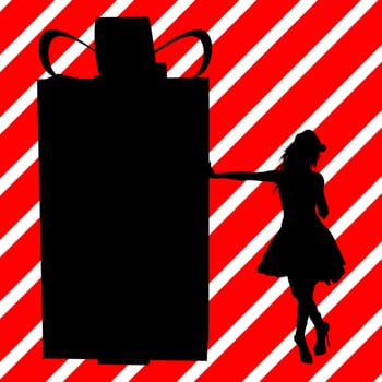 A  black christmas illustration silhouette on an red and white background