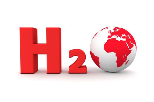 chemical symbol H2O for hydrogen oxide in red - a globe is replacing the letter o