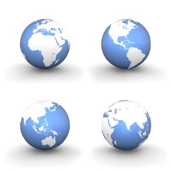 four views of a 3D globe with white continents and a shiny blue ocean