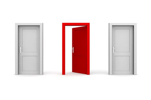 line of three doors - two grey and one red door - door and door frame, no walls - two doors closed, the red one is open