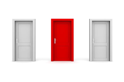 line of three doors - two grey and one red door - door and door frame, no walls - all doors closed