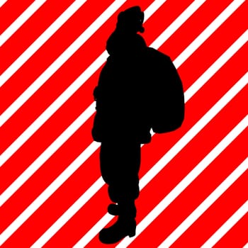 A  black christmas illustration silhouette on an red and white background