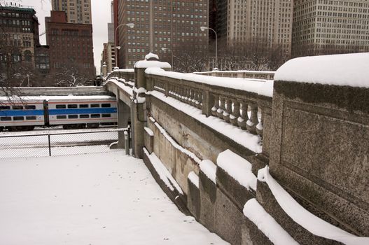 Bridge Over Chicago Train on a Snowy Day