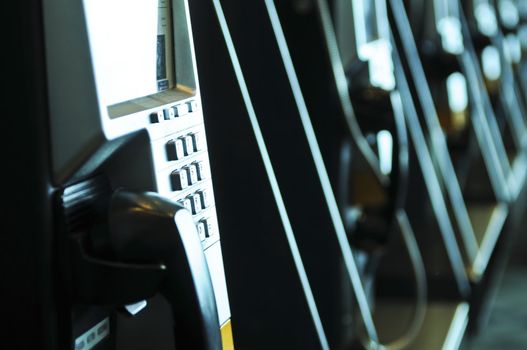Row of pay phones in airport close up