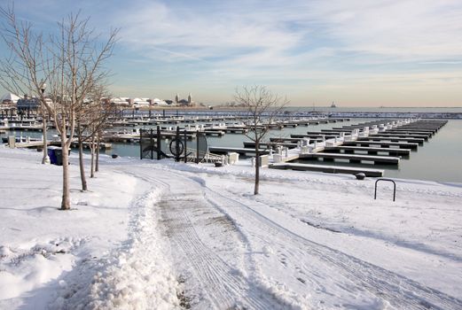Empty Yacht Harbour on Lake Michigan in Chicago After Winter Snow