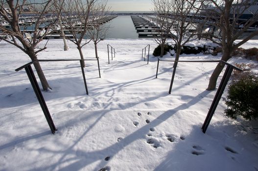 Empty Yacht Harbour on Lake Michigan in Chicago After Winter Snow