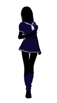 A girl silhouette dressed in a blue outfit on a white background