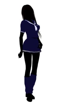 A girl silhouette dressed in a blue outfit on a white background