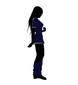 A girl silhouette dressed in a blue outfit on a white background